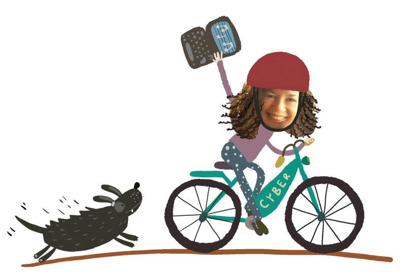 Kobieta na rowerze z laptopem w ręku.