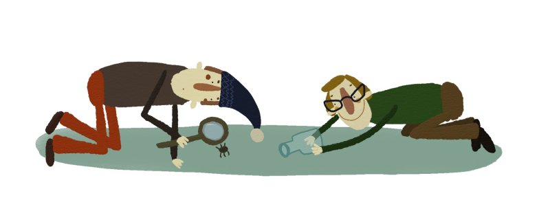 dwie osoby przyglądające się pająkowi