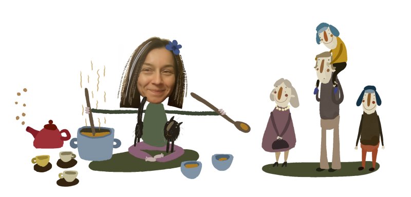 Kobieta siedząca w pozycji kwiatu lotosu. Jedną ręką miesza zupę, drugą podaje łyżkę grupie osób z prawej strony.