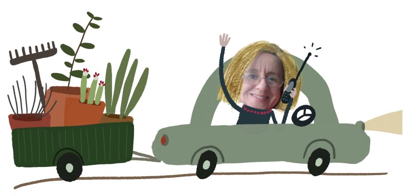 Kobieta w samochodzie z przyczepką pełną kwiatów